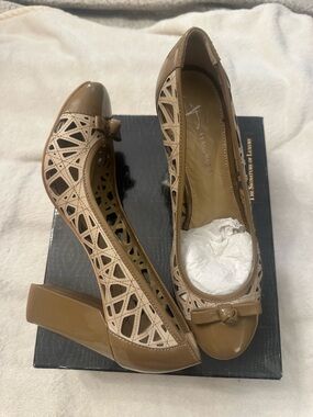 b. makowsky Taupe Laser-Cut Block Heel Pumps with Bow